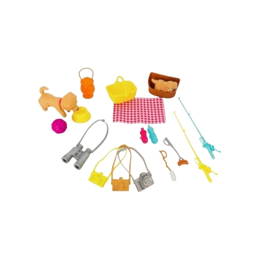 Barbie Puppy Picnic Camping Fun Doll Accessories Set- Bobble Head Dog, Fishing